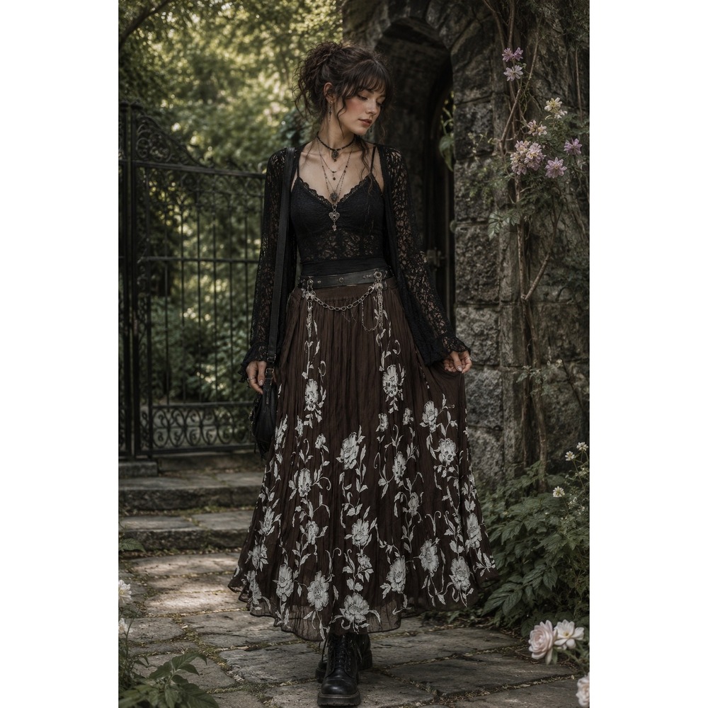Boho Whimsigoth Fairy Maximalism Black White Floral Paisley Lined 2X Maxi Skirt